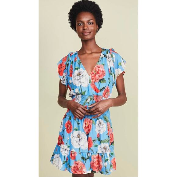 Parker Bondi Flutter Sleeve Smocked‎ Waist Dress in Maritime Wallflower Sz Large - Picture 1 of 8